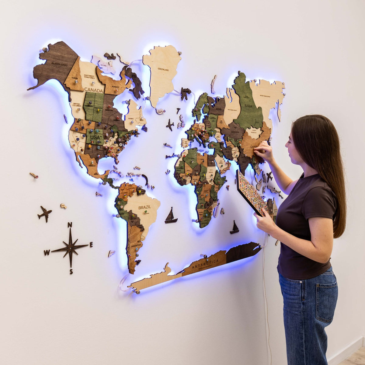 3D LED Carte du monde en bois 3.0 multicolore