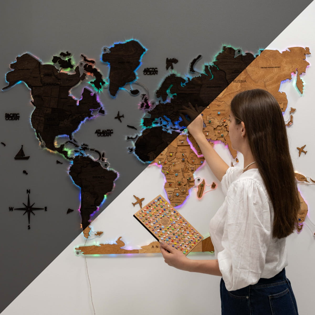 wooden travel world map oak