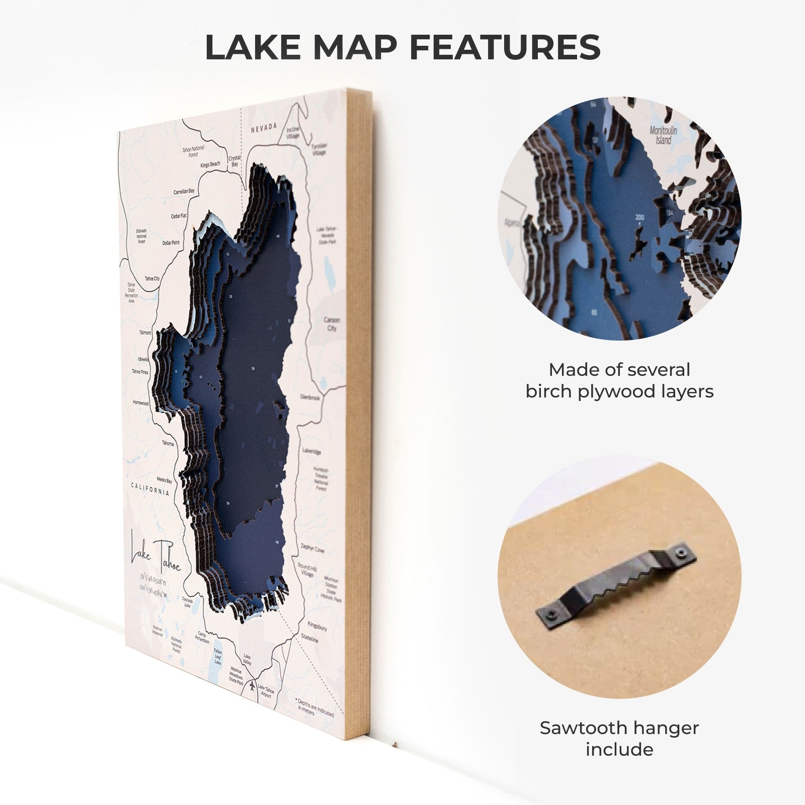 Lake map with 3D effect and sawtooth hanger on a white background