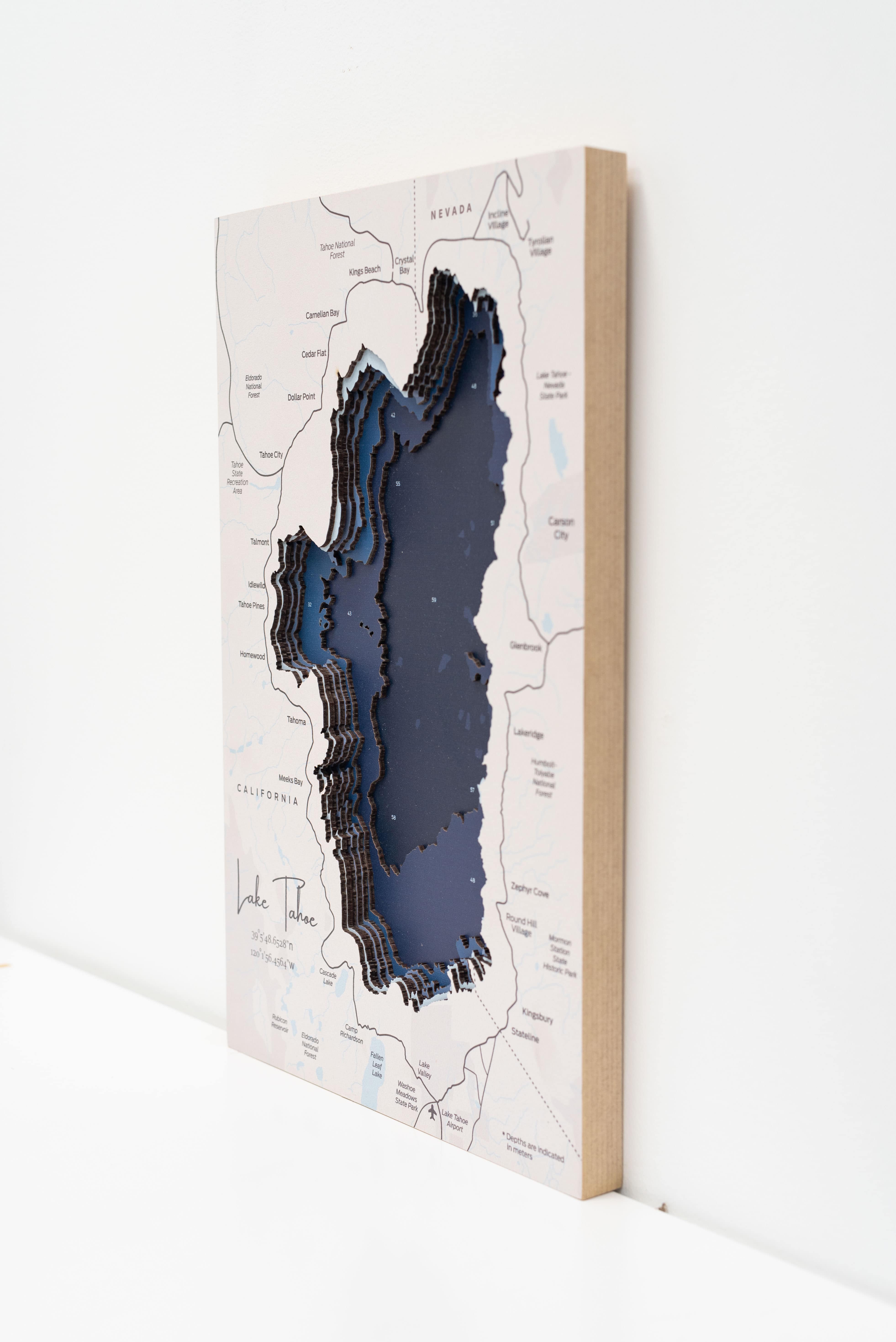 Map of Lake Michigan with a 3D effect on a wooden board against a white background