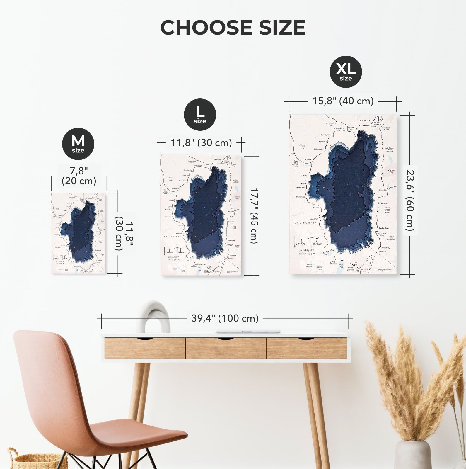 Size chart for abstract art prints with measurements and a minimalistic room setting.