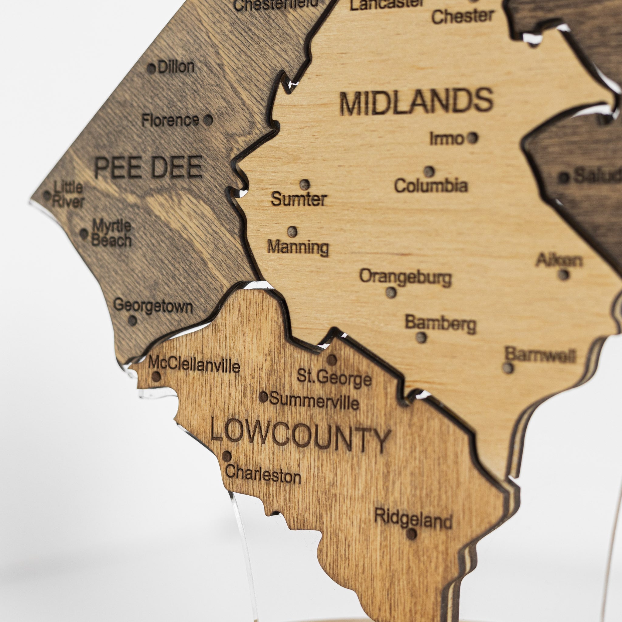 Wooden map of South Carolina with counties labeled