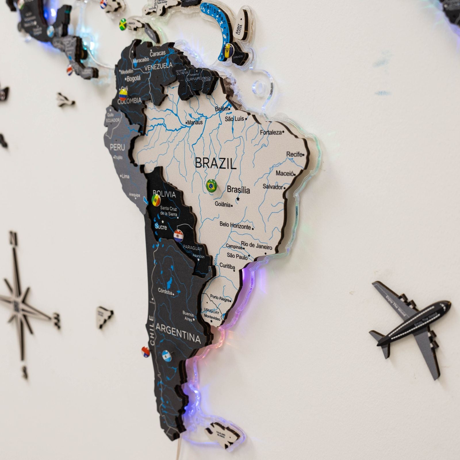 Map of South America with illuminated borders on a white background