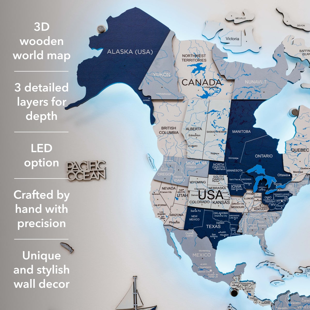 3D wooden world map with detailed layers and LED option on a gray background