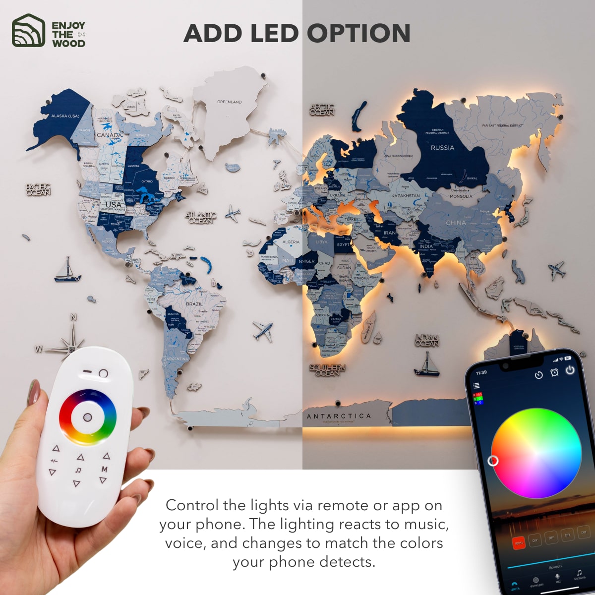 World map with LED lights, remote control, and smartphone app for lighting control.