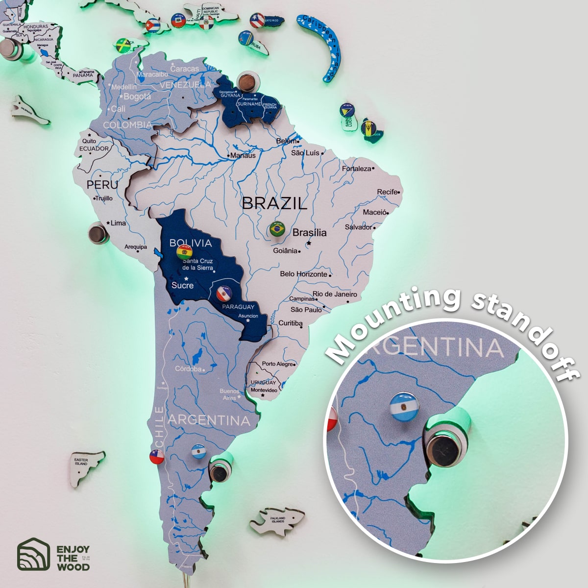Map of South America with visible mounting standoff and brand logo.