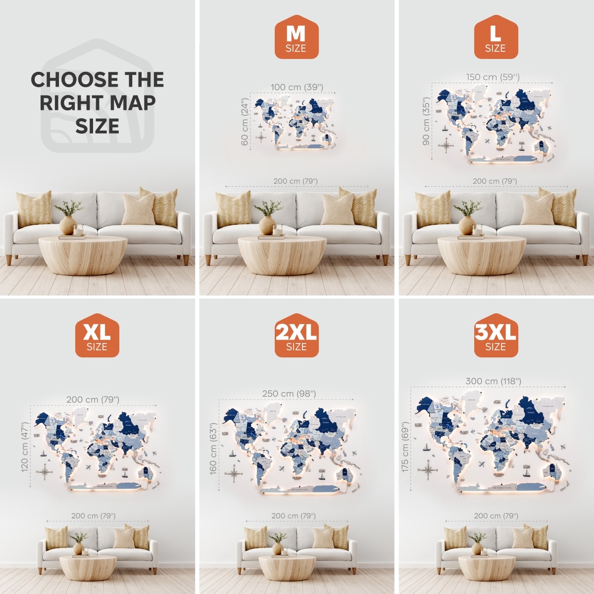 Collage showing different sizes of a world map wall art in a living room setting.