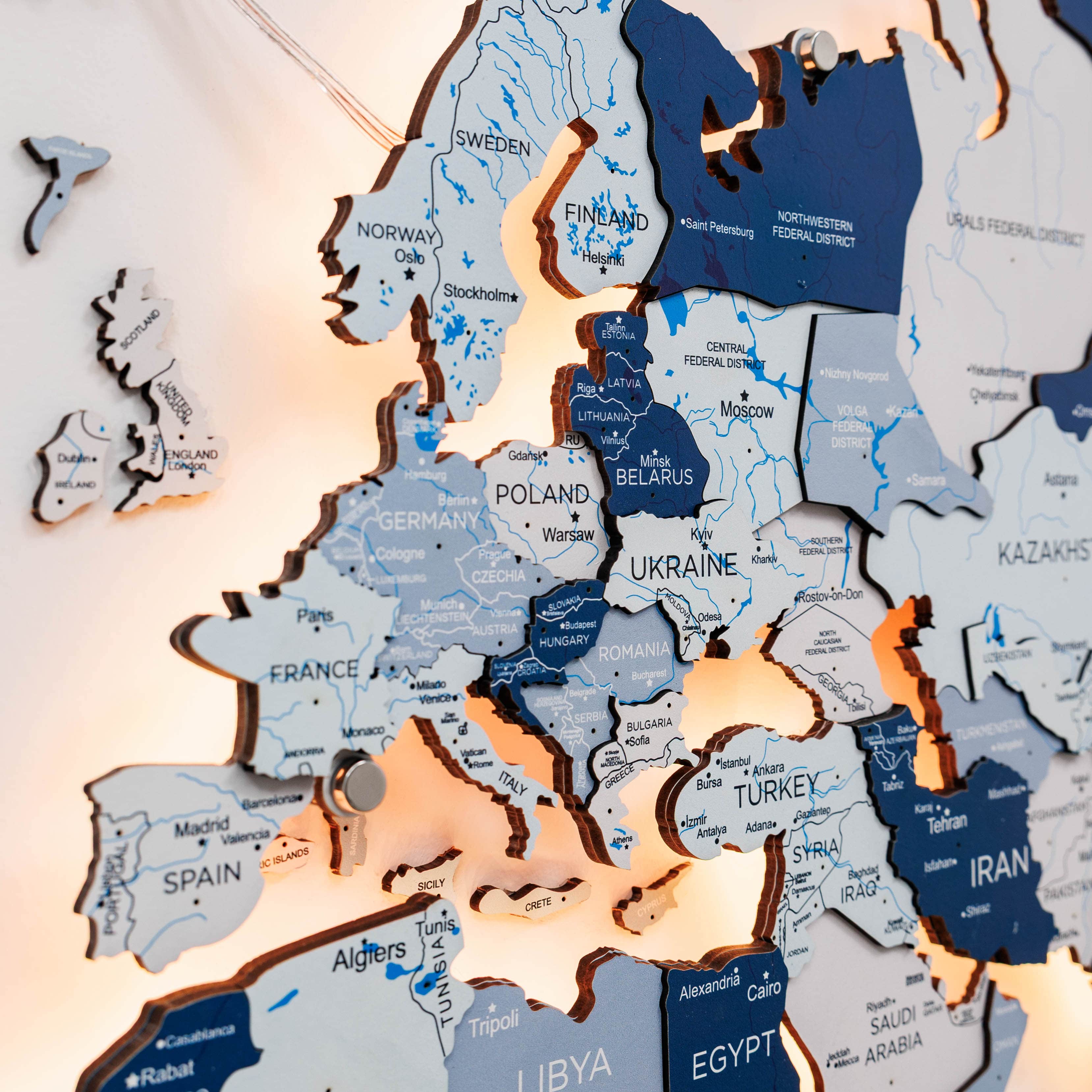 Wooden map of Europe with illuminated countries