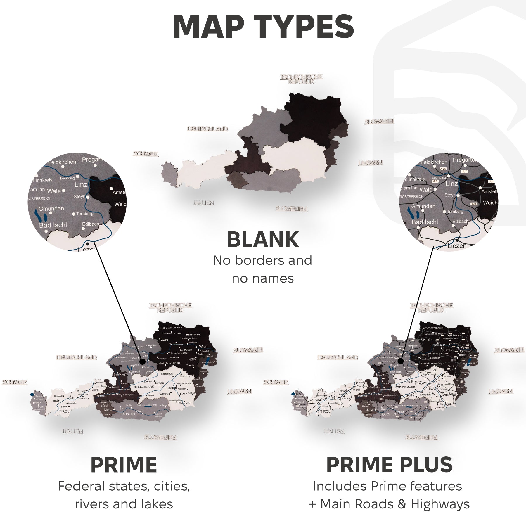 Comparison of map types with labels on a white background