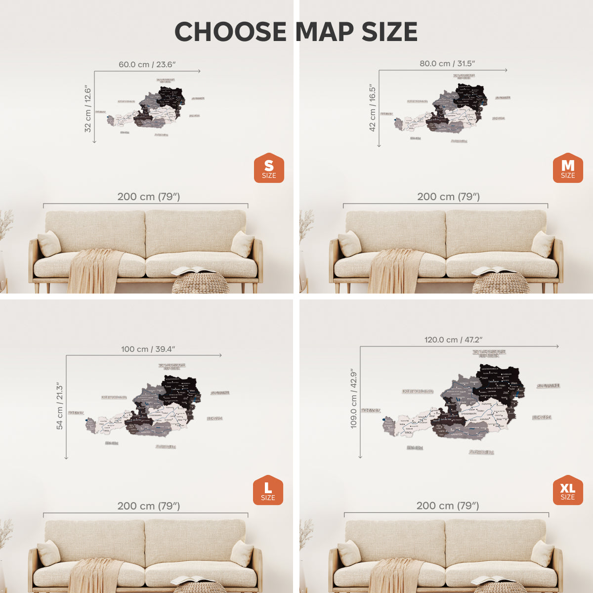 Four size options of a map displayed with a beige sofa for scale.