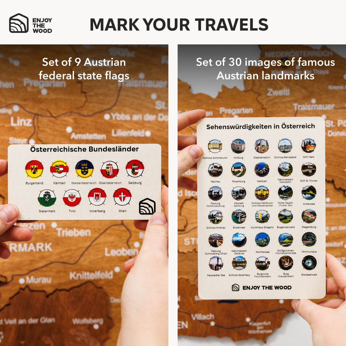 Two sets of cards with Austrian flags and landmarks held over a map.