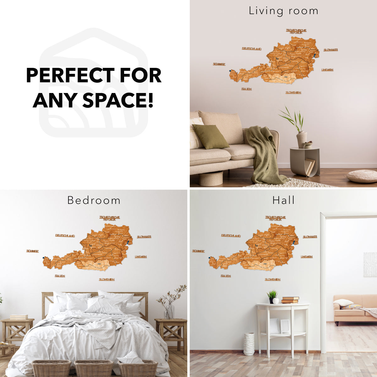 Wooden wall decal of a map in various rooms with text 'Perfect for any space'.