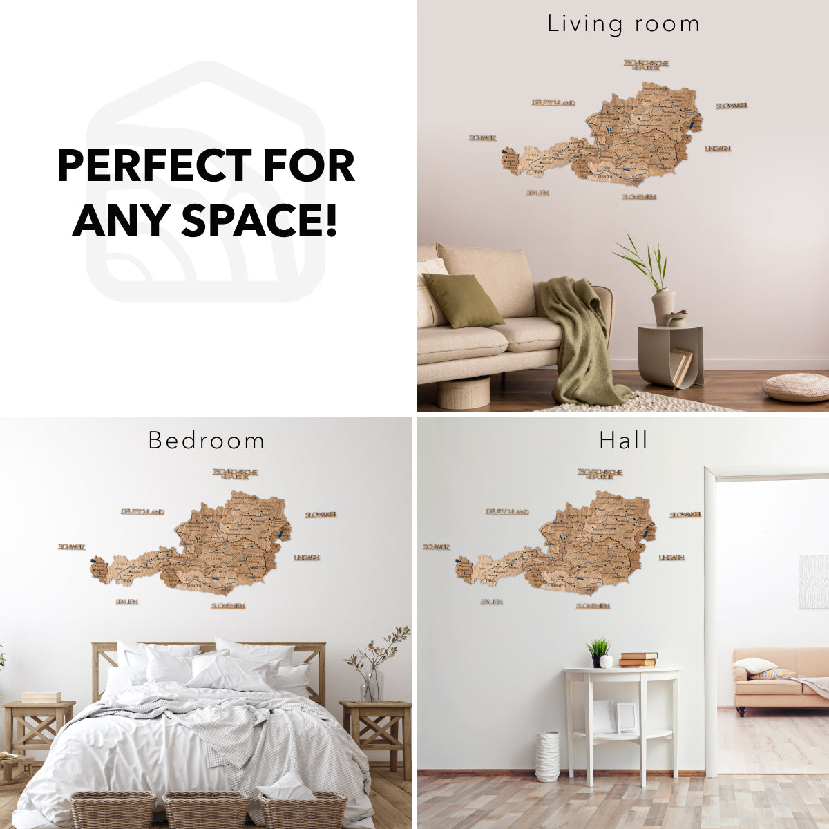 Wooden map wall decal displayed in living room, bedroom, and hall settings with text 'Perfect for any space!'.