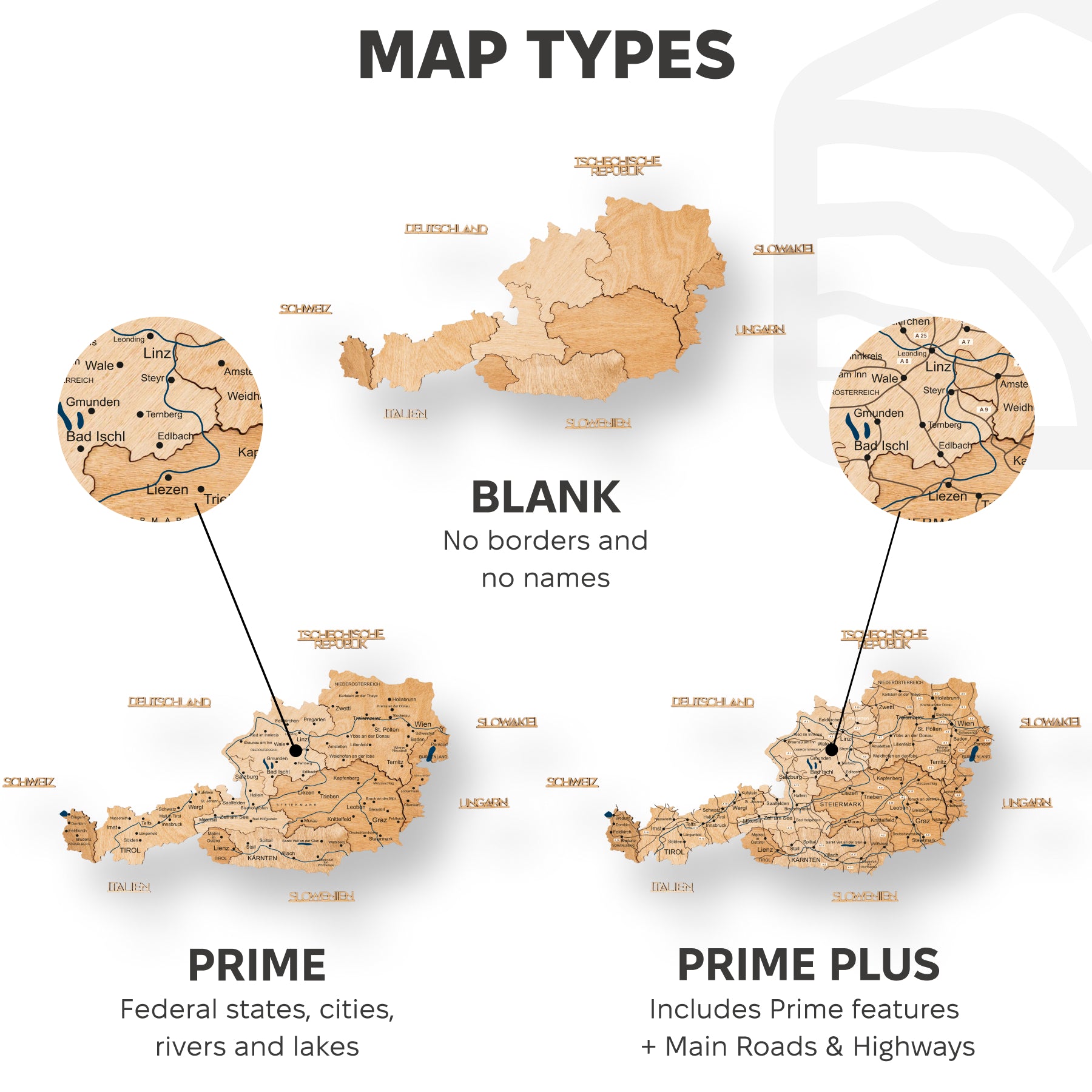 3D Wooden Map of Austria - Gold