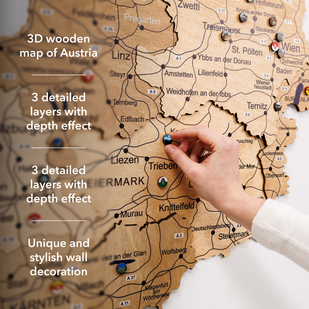 3D Wooden Map of Austria - Gold