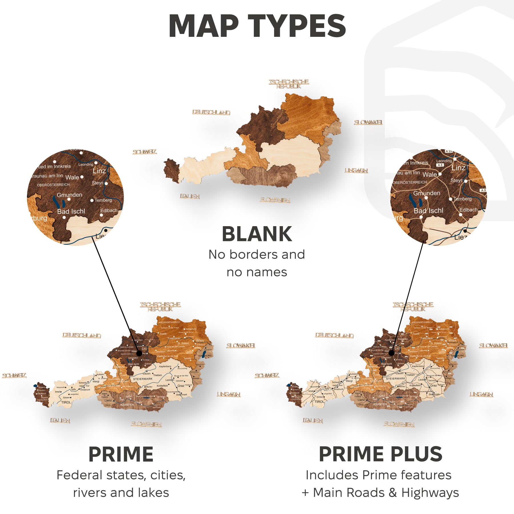 Comparison of map types with labels on a white background