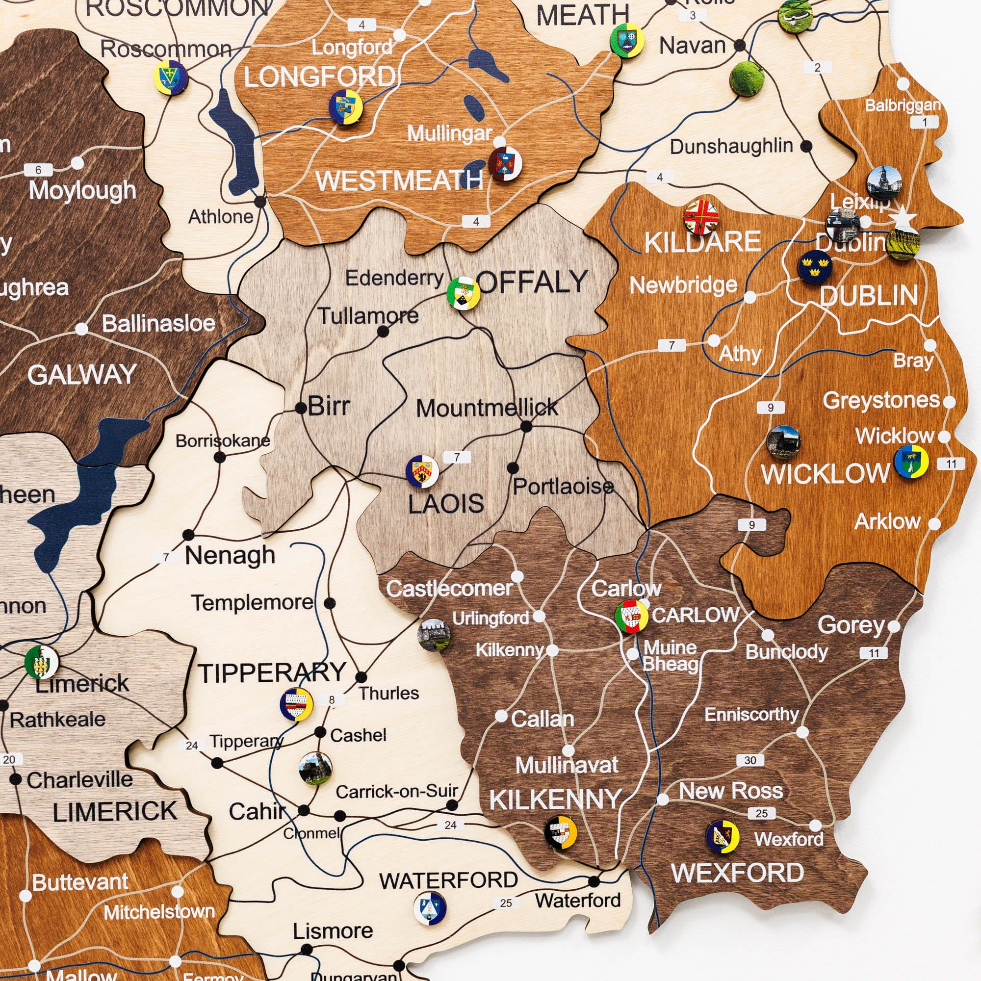 Wooden map of Ireland with cities and regions labeled