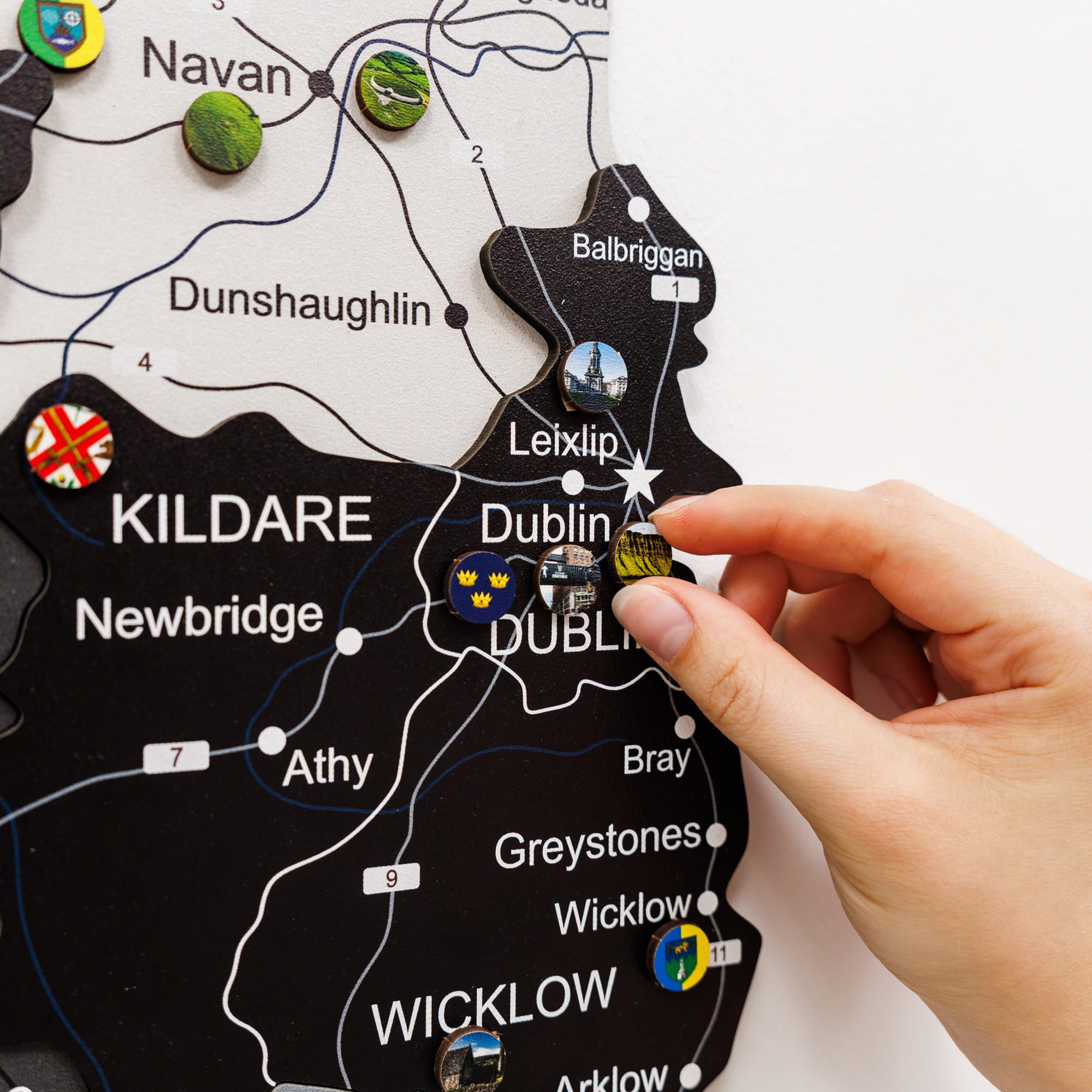 Map of Ireland with pins marking locations, including Dublin, Kildare, and Wicklow.