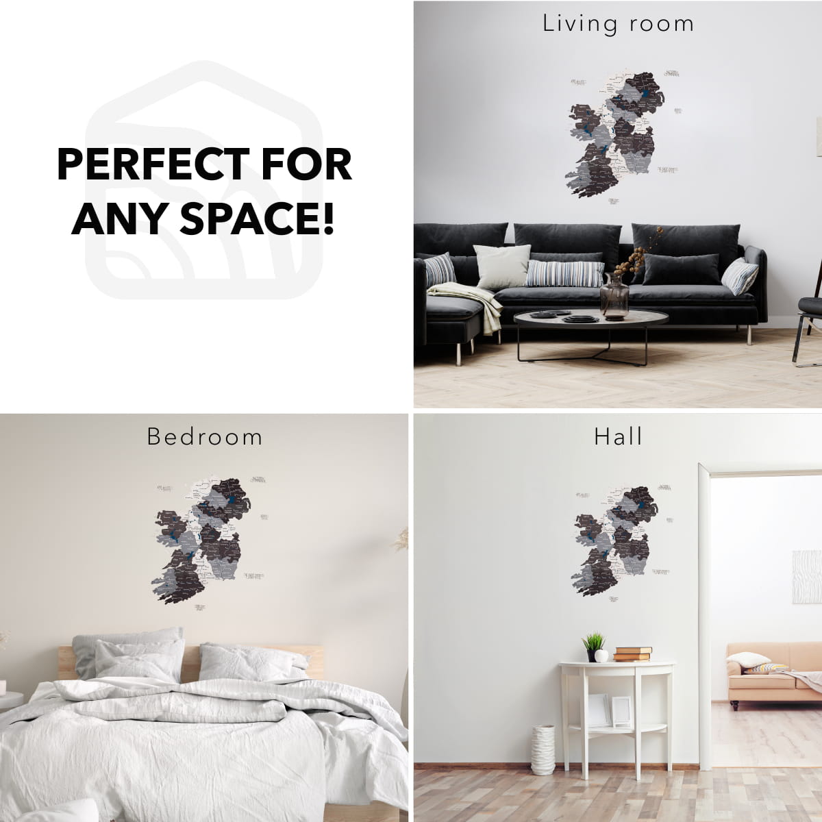 Collage of wall art in living room, bedroom, and hall with text 'Perfect for any space!'.