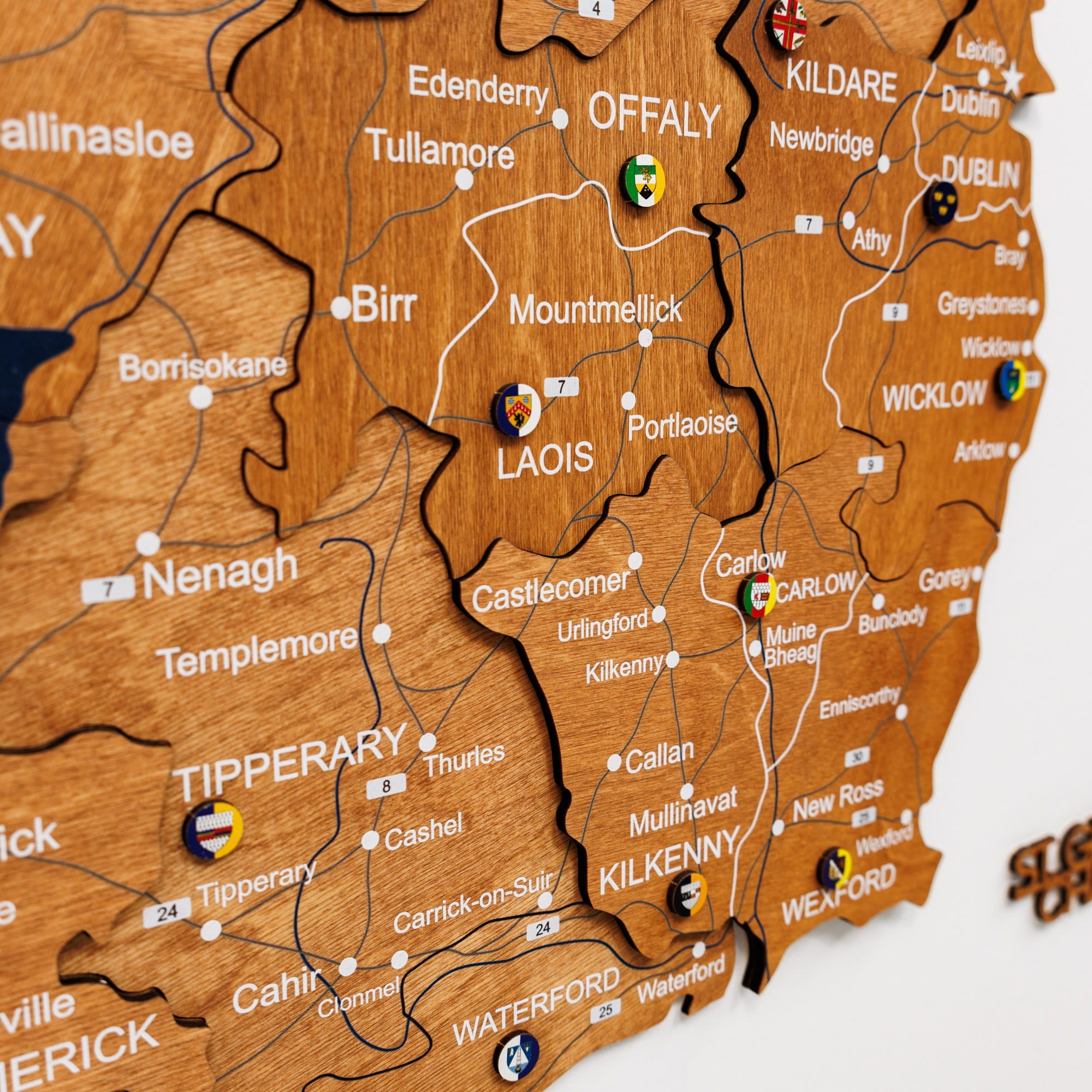 Wooden map of Ireland with counties labeled