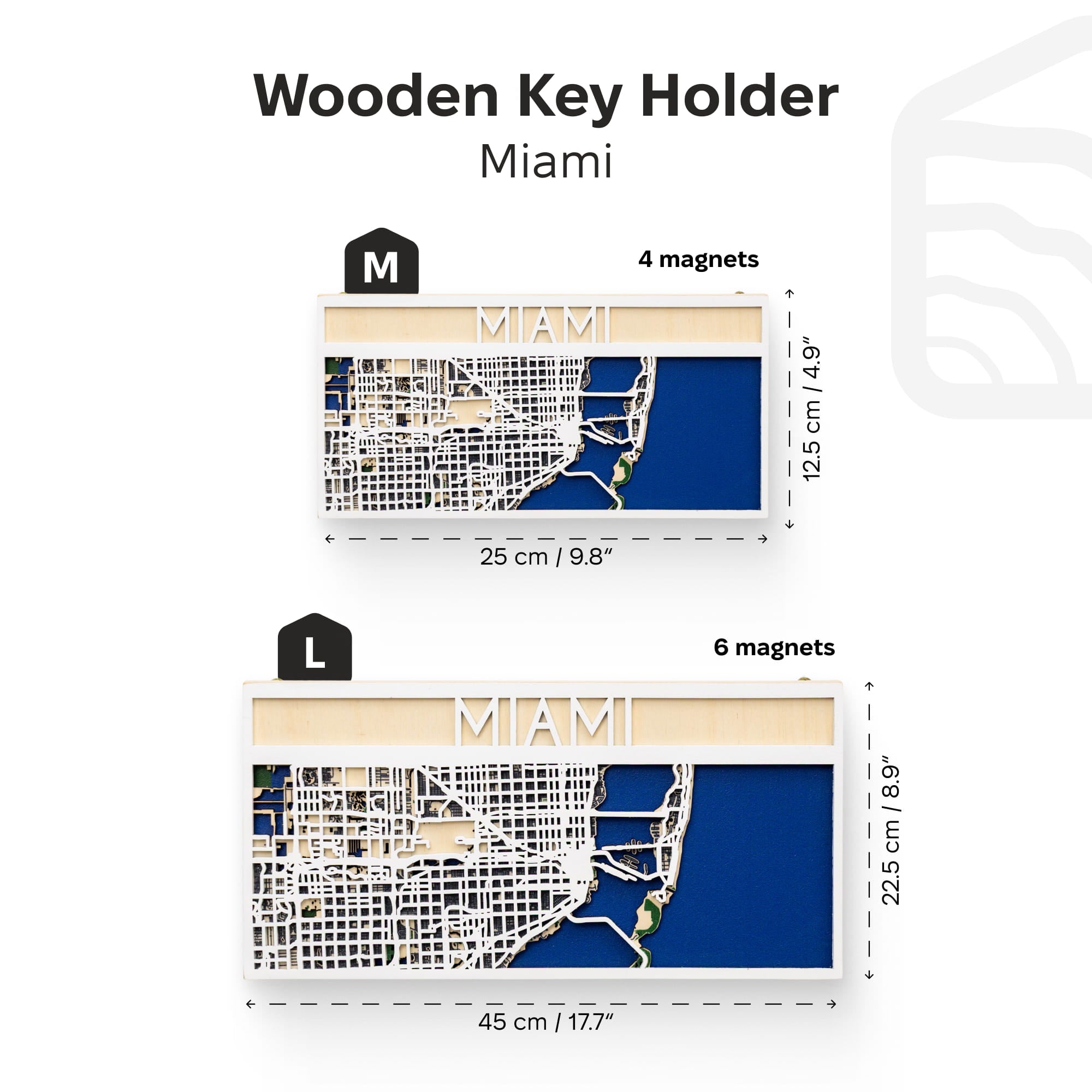 Wooden key holder with map design labeled 'Miami' and dimensions displayed.