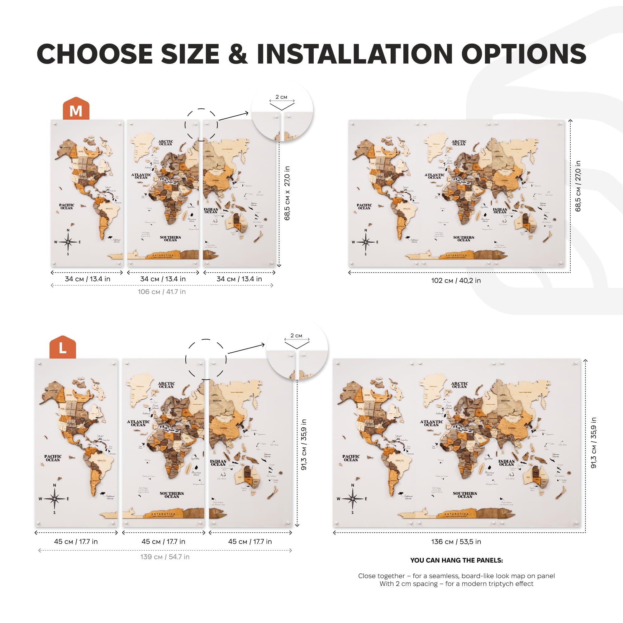 3D Wooden World Map Triptych Frameless - Multicolor by Enjoy The Wood