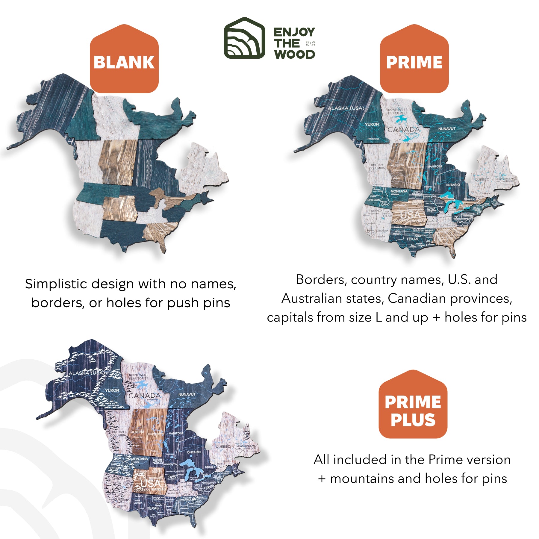 Wooden map of North America with different versions labeled 'Blank', 'Prime', and 'Prime Plus' on a white background.