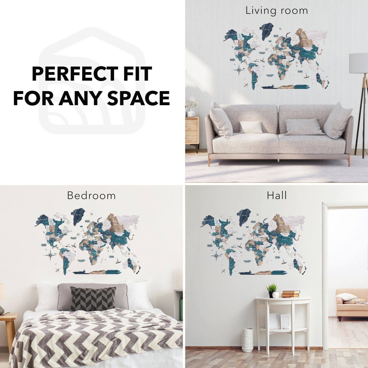 World map wall art displayed in various rooms with text 'Perfect Fit for Any Space'.