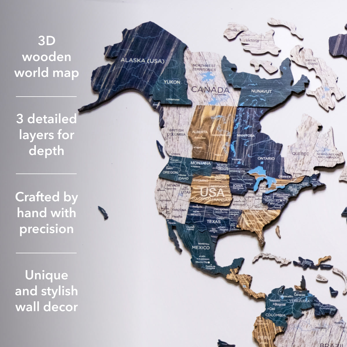 3D wooden world map with detailed layers on a white background