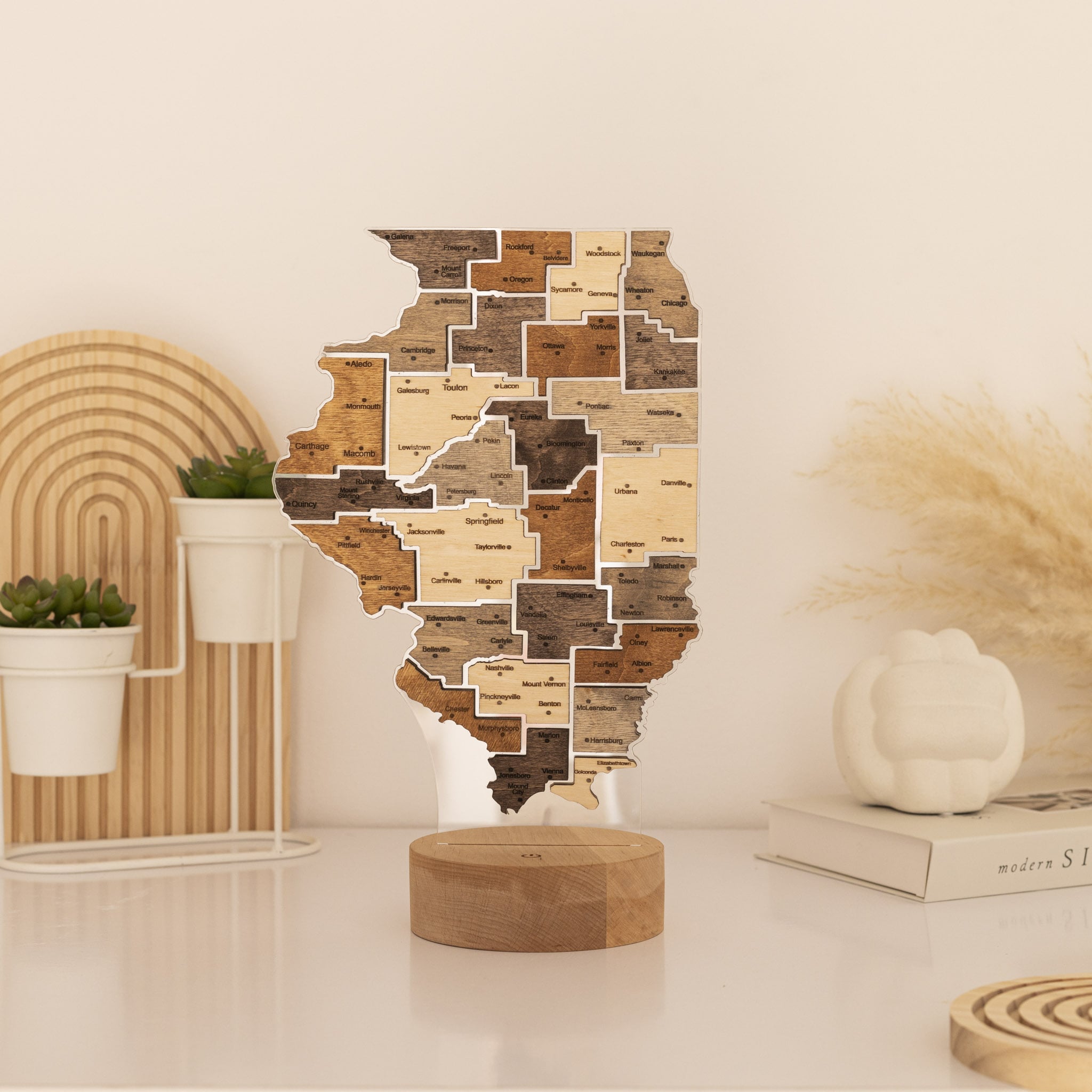 Wooden lamp shaped like a state with a neutral background