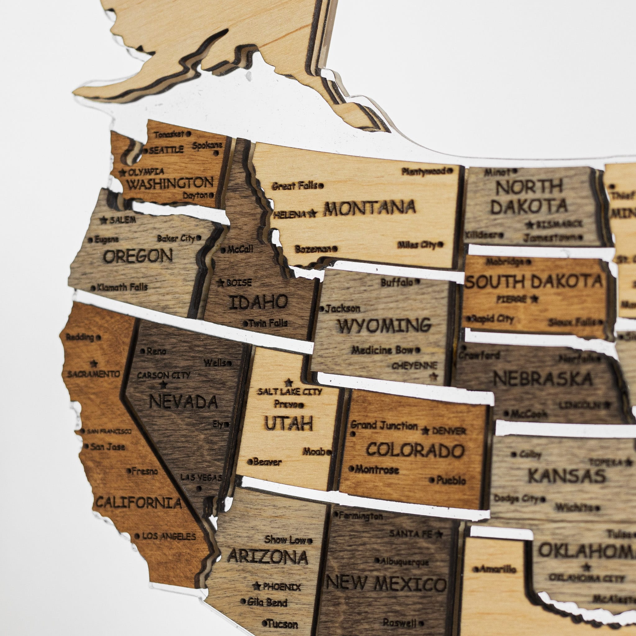 Wooden map of the United States with each state labeled