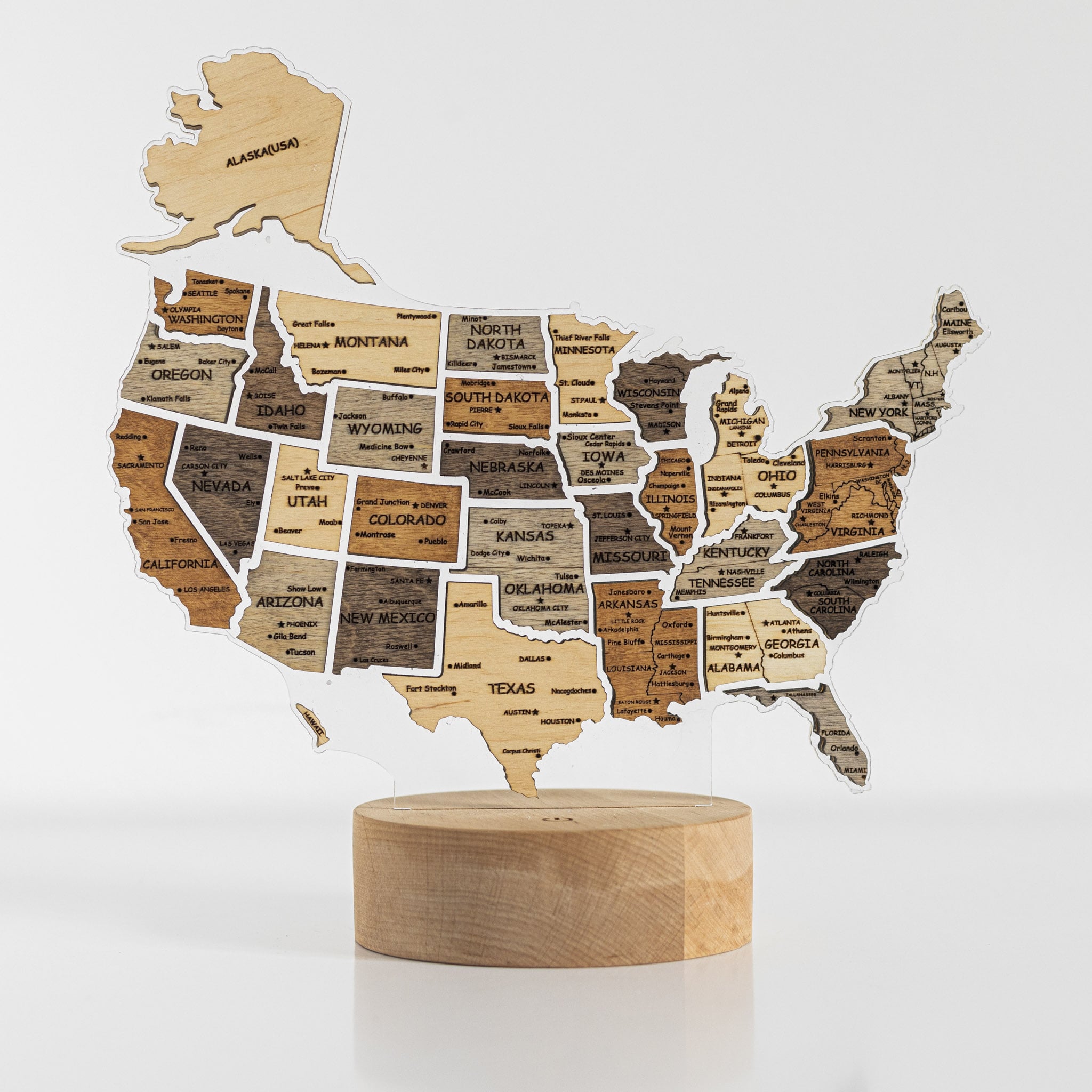 Wooden map of the United States on a white background
