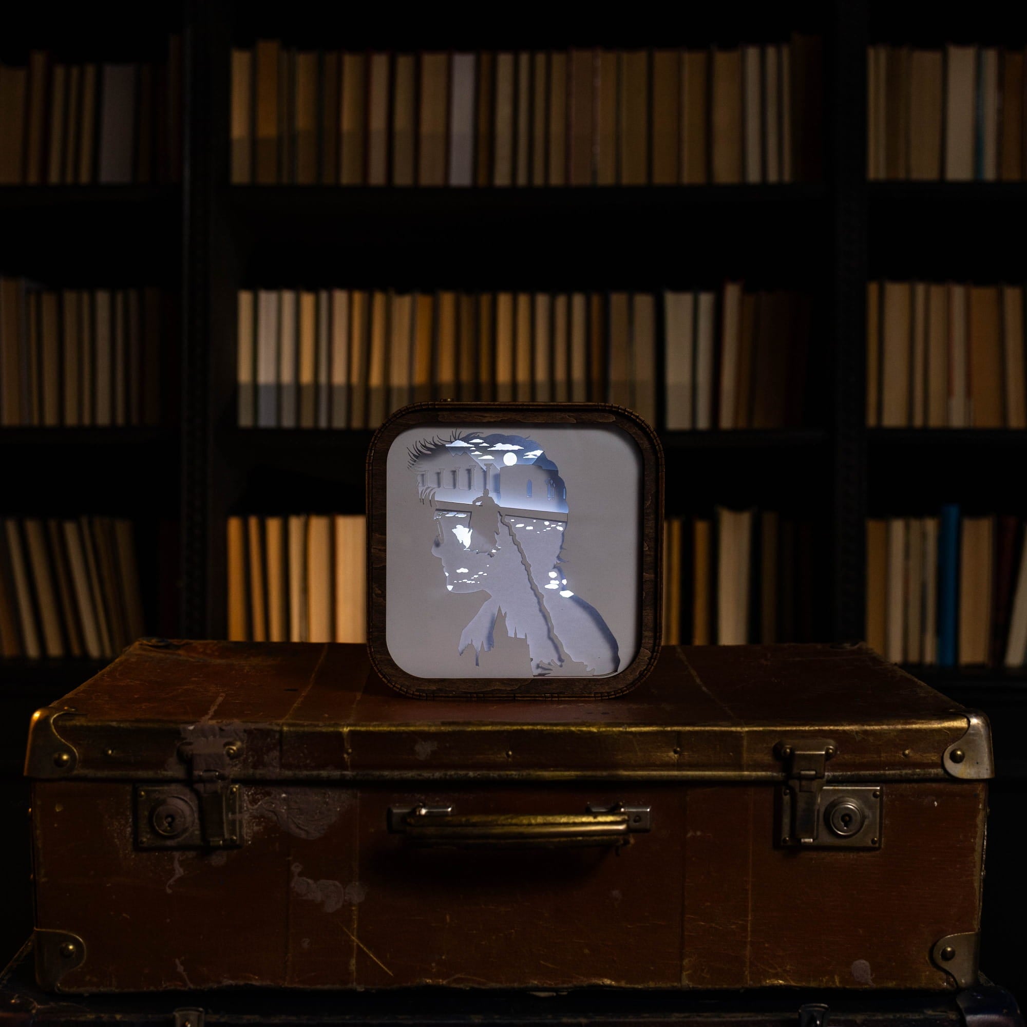 Vintage suitcase with a small square mirror on top against a bookshelf background