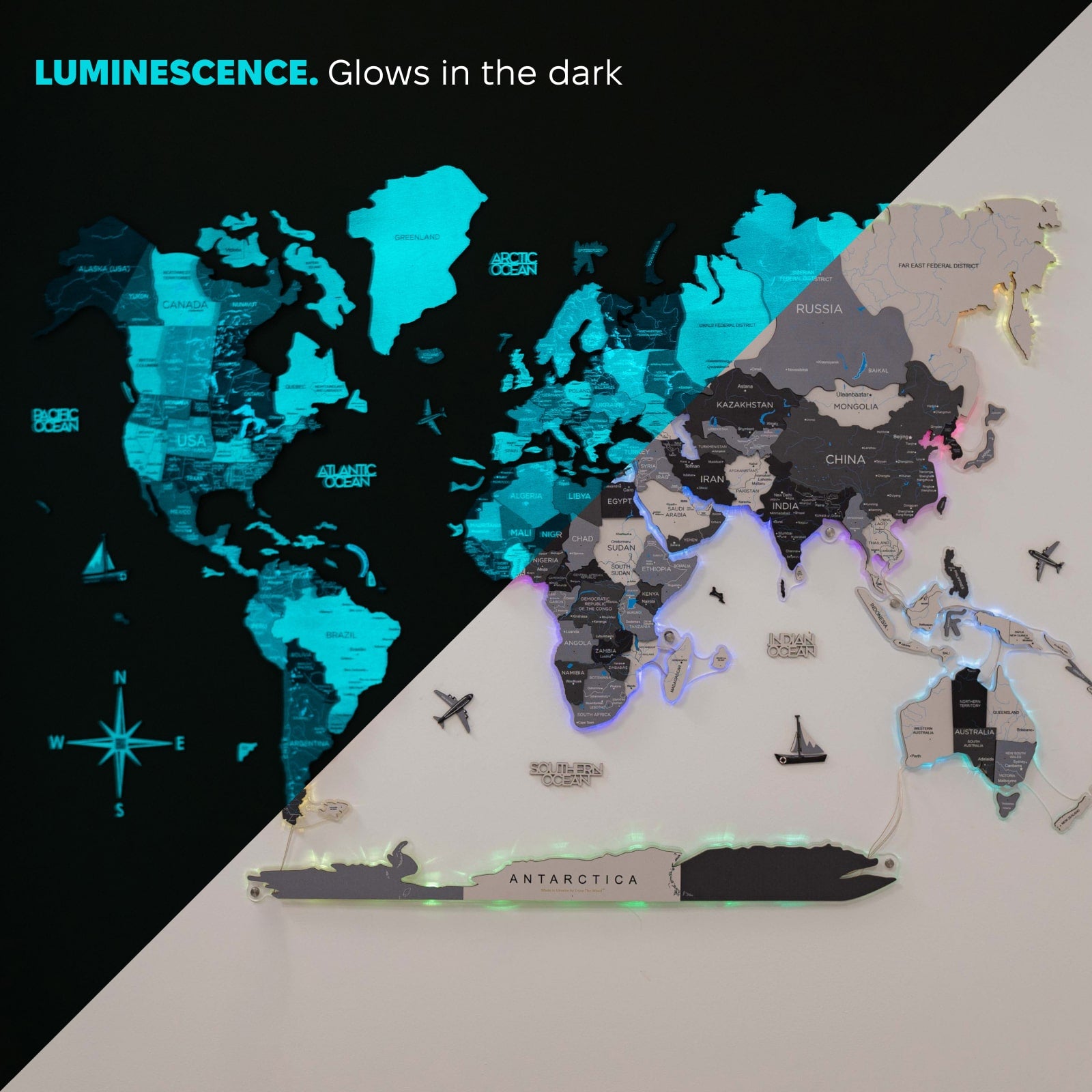 World map with luminescence feature, showing glowing effect on a black and white background.