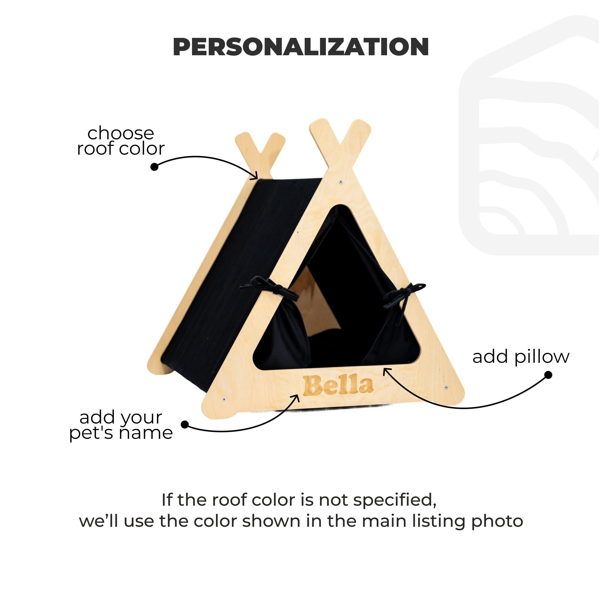 Personalizable pet tent with customizable options on a white background