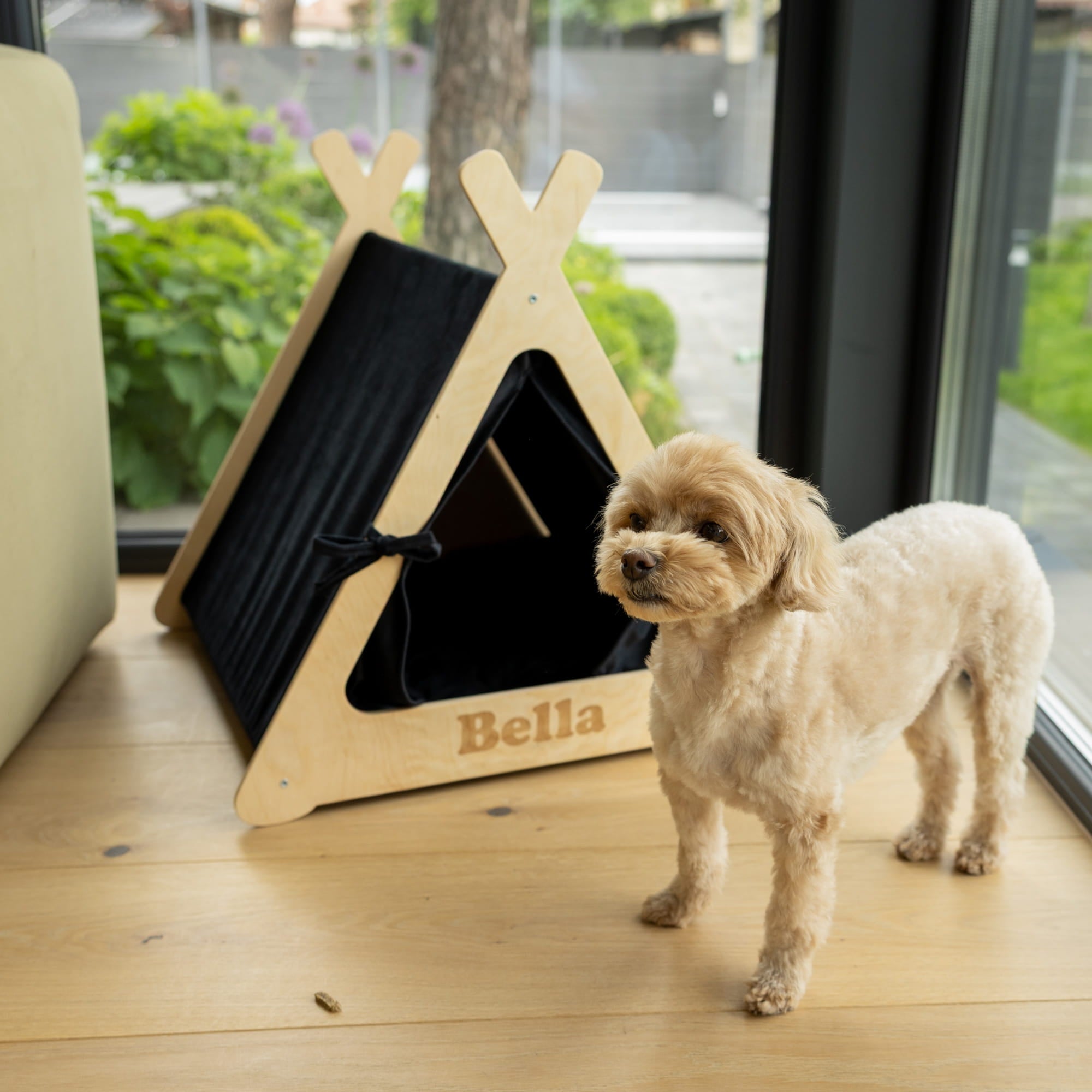 Small dog standing next to a wooden pet tent with 'Bella' on it, indoors.