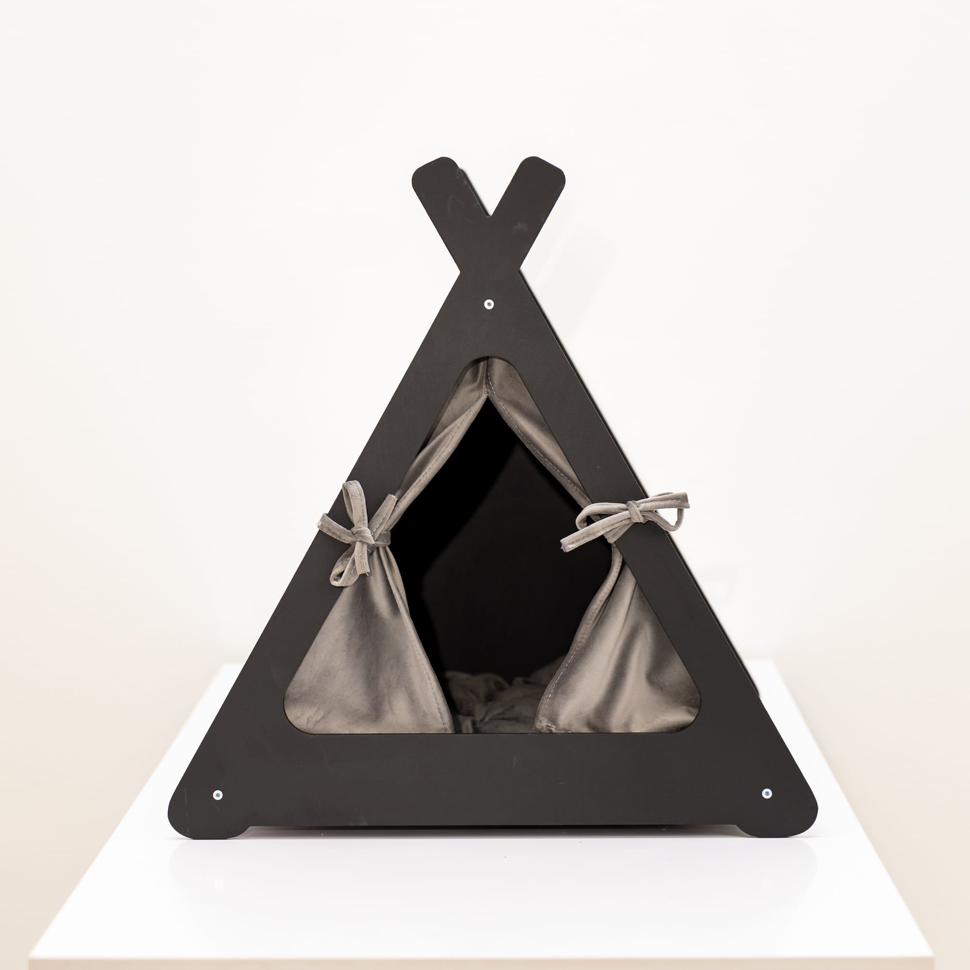 Black pet teepee with a gray interior on a white background