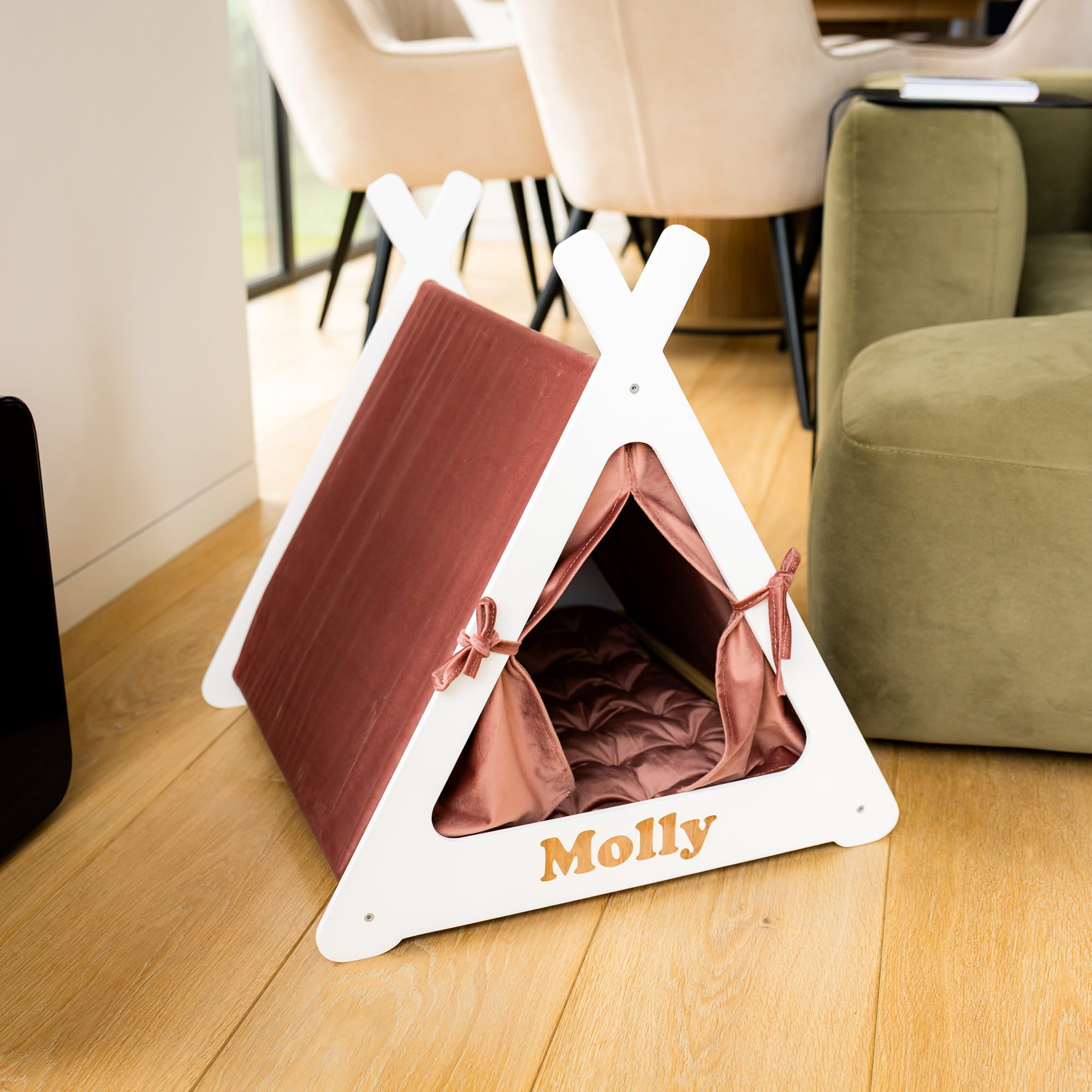 Pet tent with pink interior and 'Molly' branding on a wooden floor.