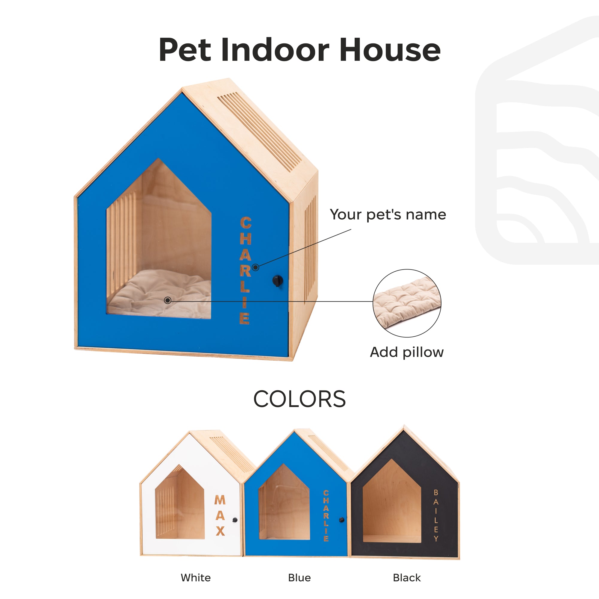 Pet indoor house with customizable name and color options on a white background