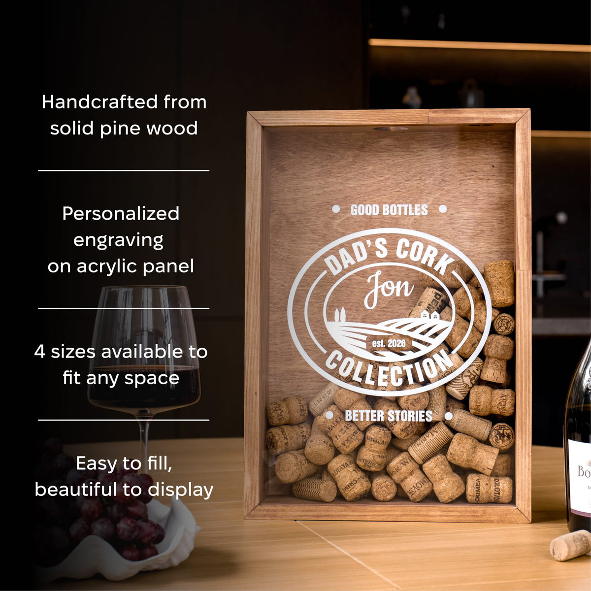 A rectangular wooden box display filled with wine corks