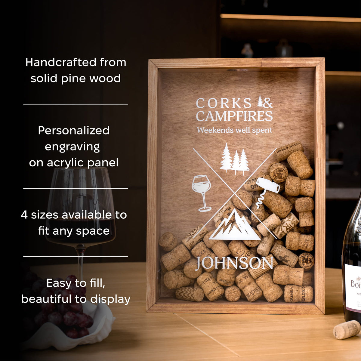 A rectangular wooden box display filled with wine corks