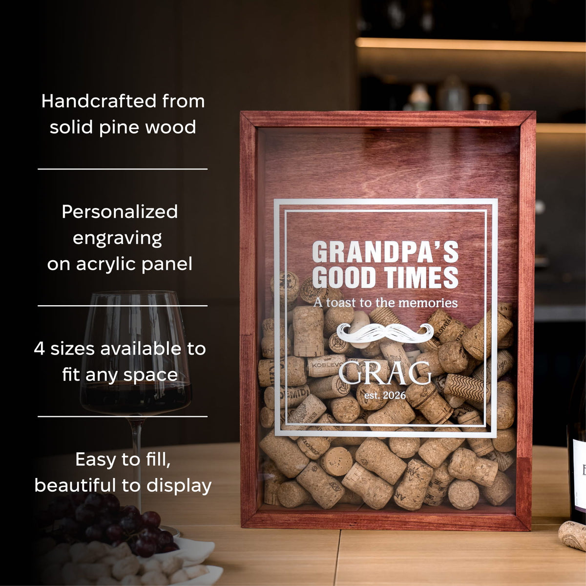 A rectangular wooden box display filled with wine corks