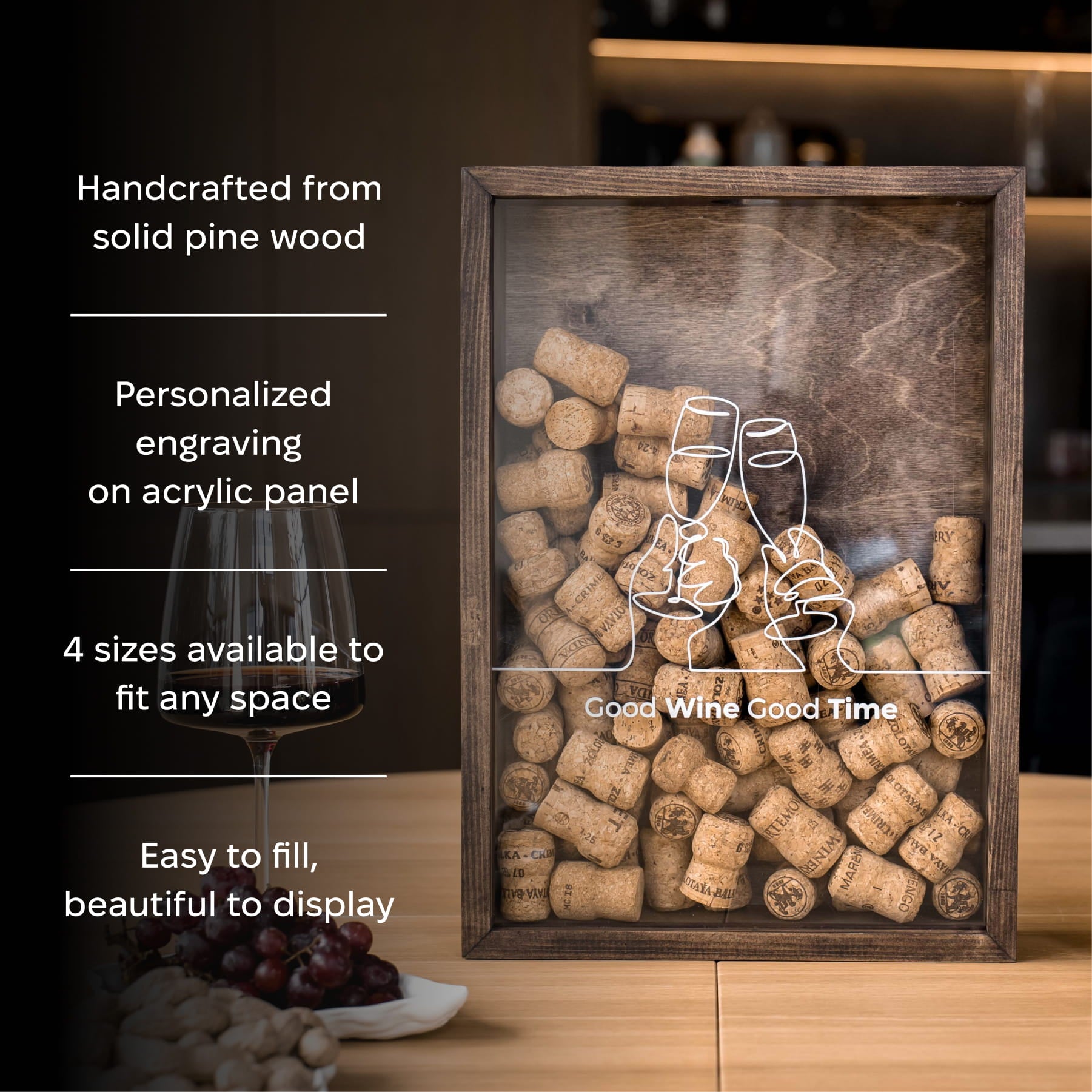 A framed wine cork display box