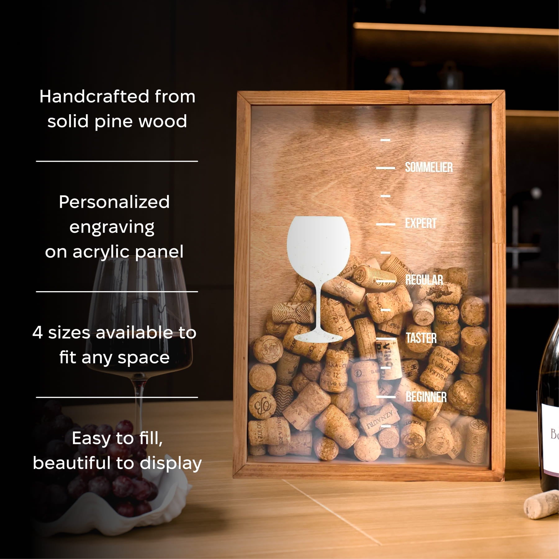 A wooden-framed acrylic wine cork display box