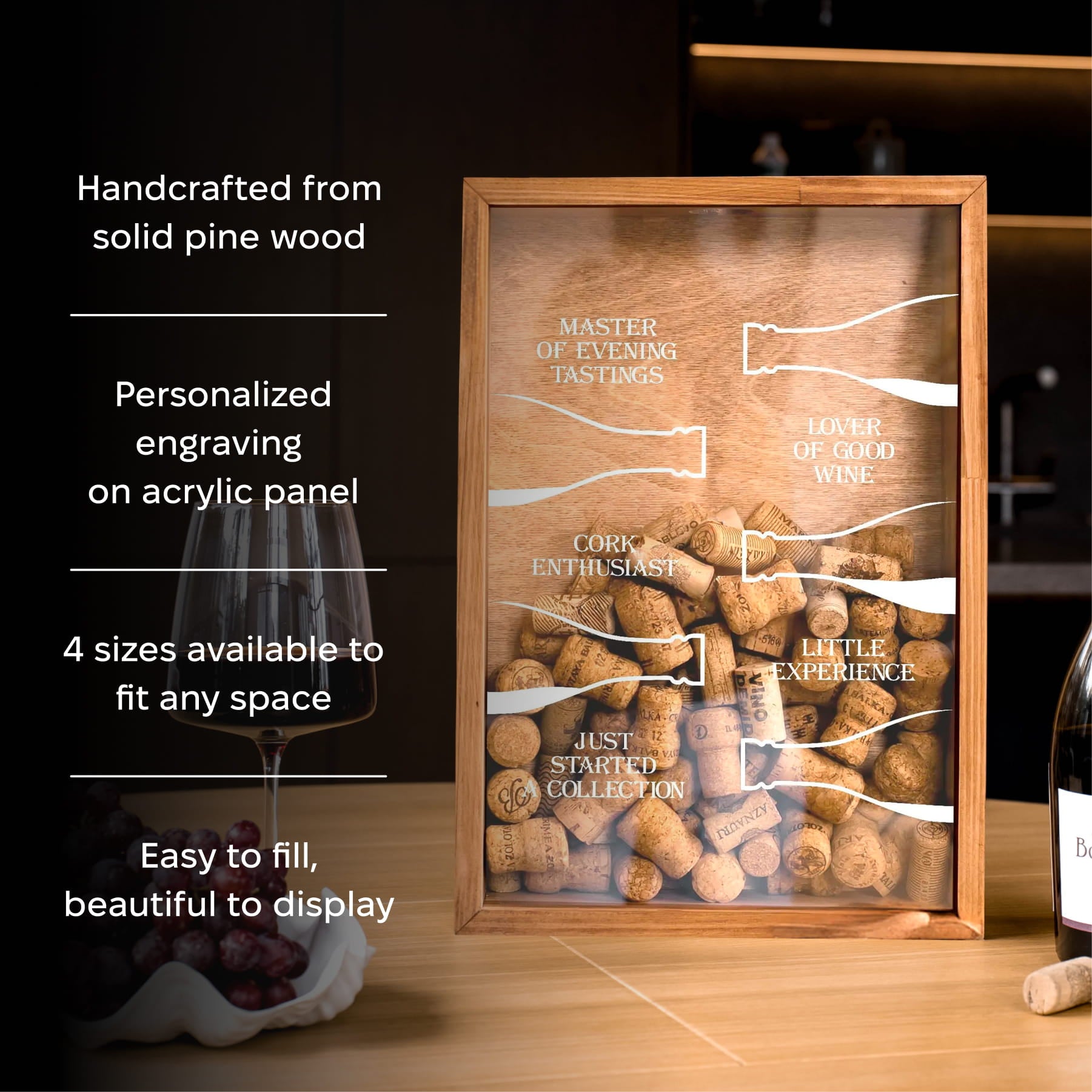 A framed acrylic wine cork display