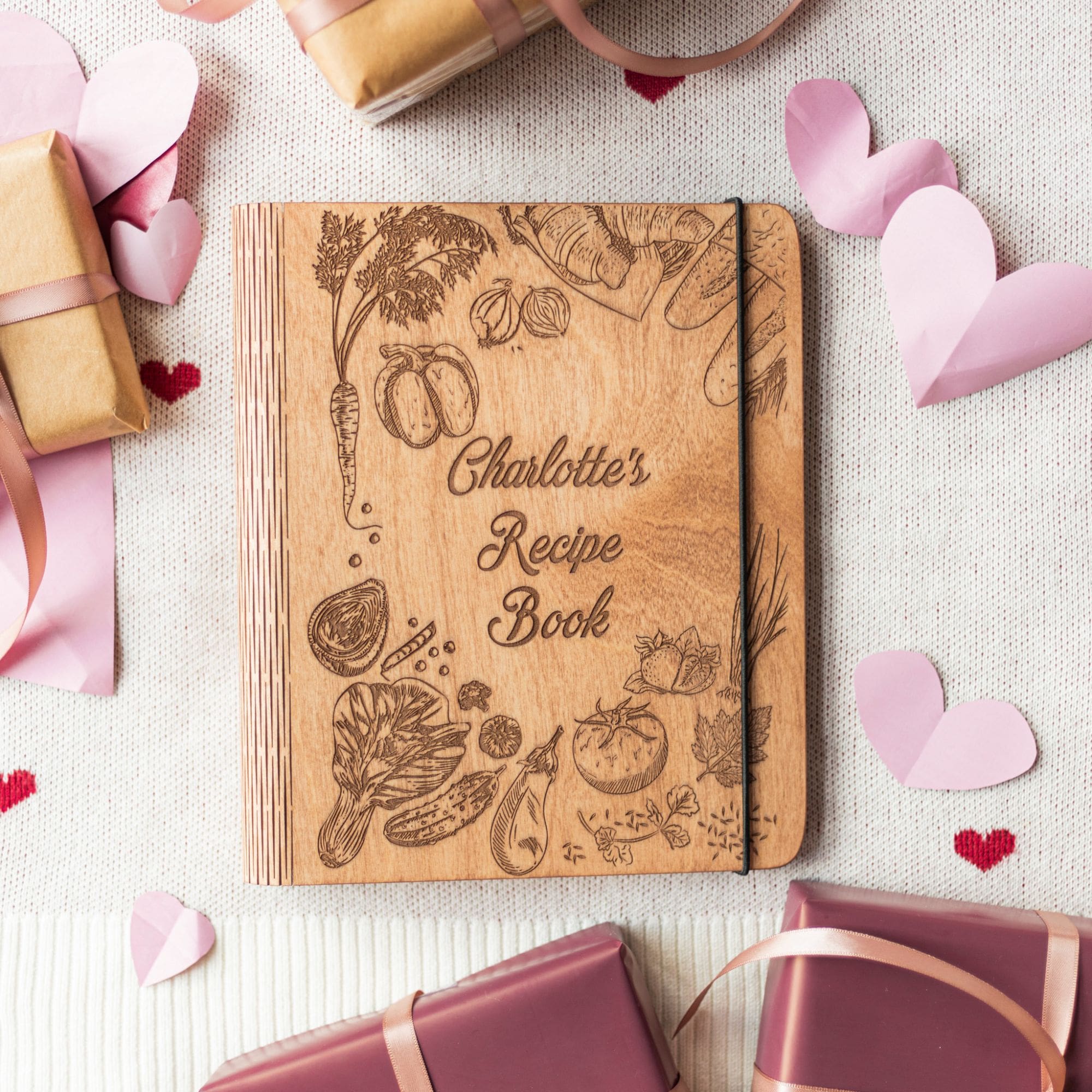 Personalized cooking journal with floral engraving on rustic background