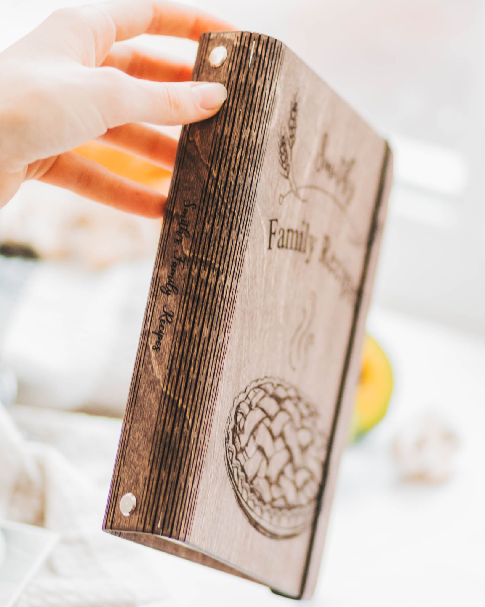 Handmade wooden family recipe book with engraved spine