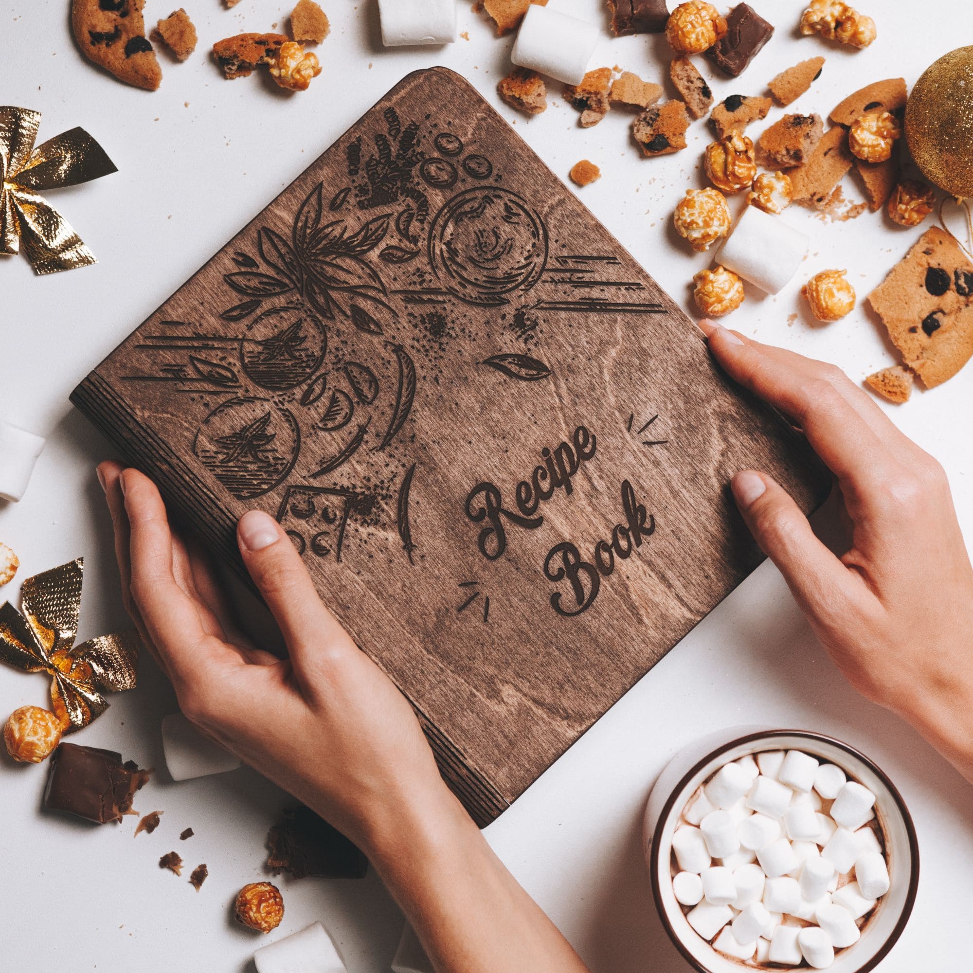 Dark wood engraved recipe book with “Recipe Book” text – rustic personalized cookbook gift