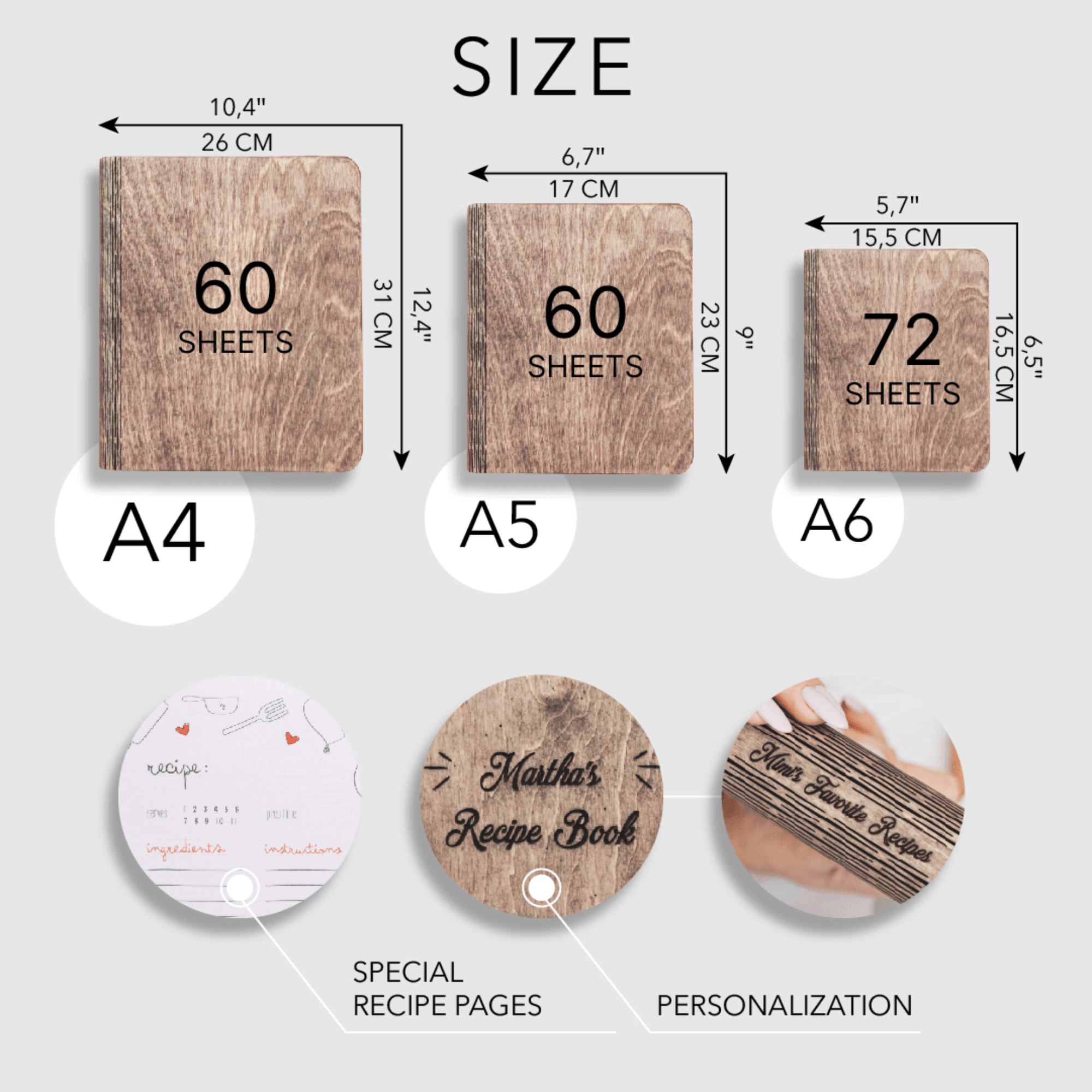 Recipe book size chart showing A4, A5, and A6 formats with personalization options.