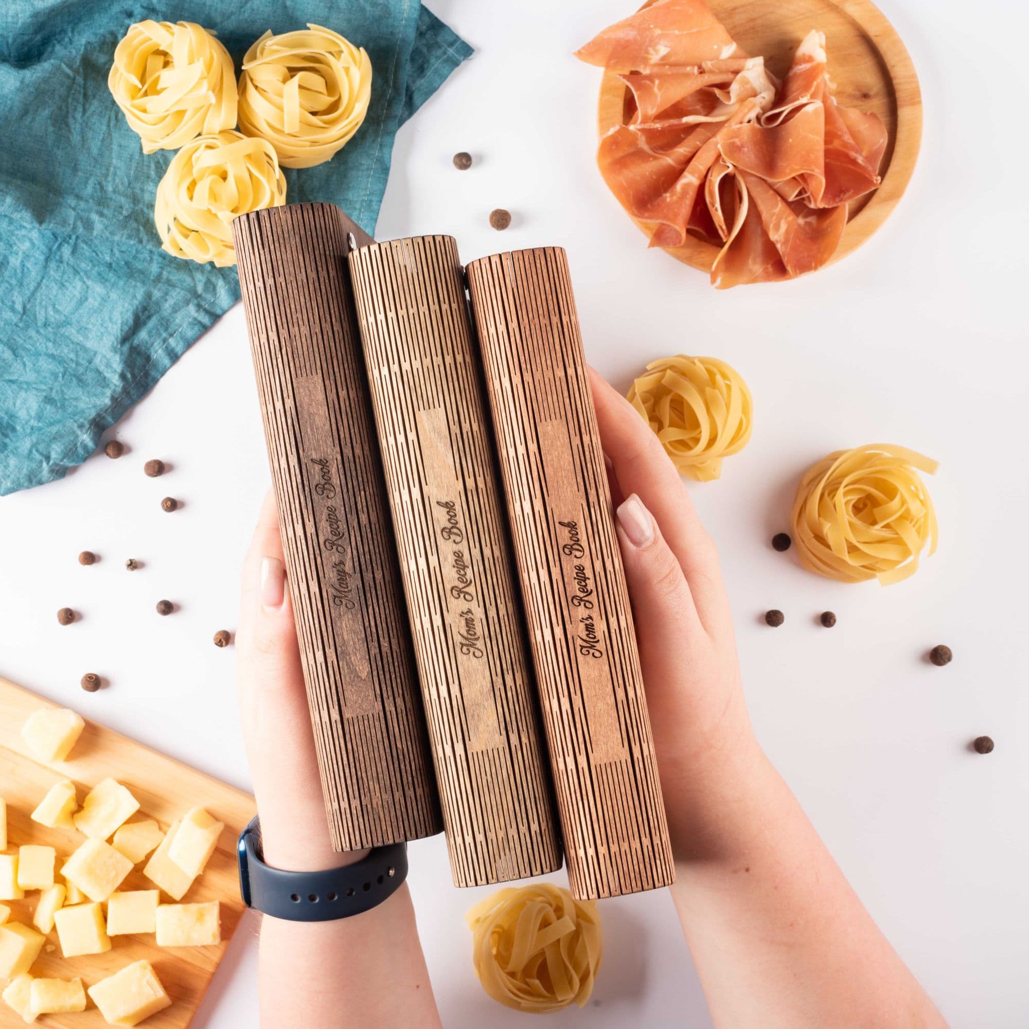 Set of three personalized engraved wooden recipe books